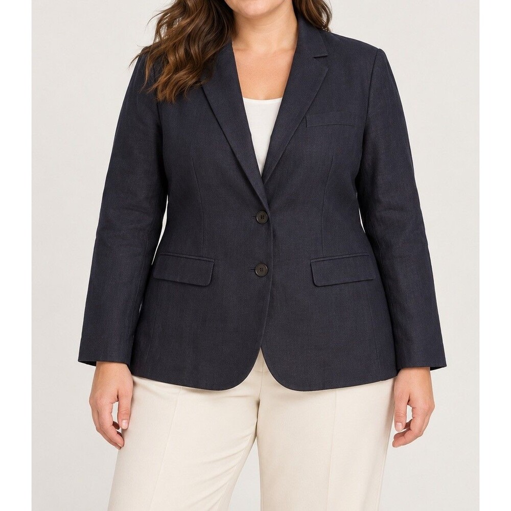 Michael Kors Women’s Navy Blue Blazer 14 Two-Button Lined 100% Linen Preppy L